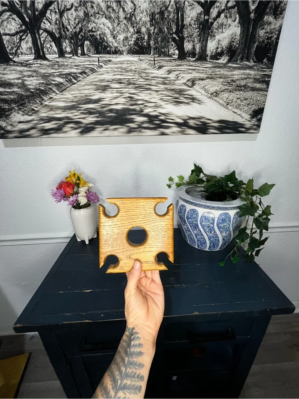 Vintage Solid Wood Wine Glass Bottle Holder Holds 4 Glasses